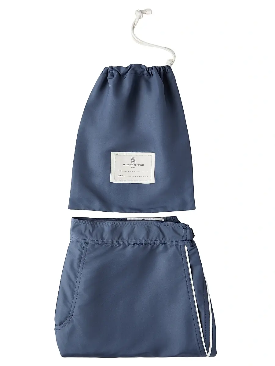 Brunello Cucinelli Men's Nylon Swim Shorts with Tabbed Waistband and Piping - Denim | Thumbnail 4 Brunello Cucinelli Men's Nylon Swim Shorts with Tabbed Waistband and Piping - Denim | Thumbnail 4