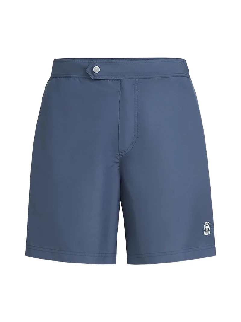 Brunello Cucinelli Men's Nylon Swim Shorts with Tabbed Waistband and Piping - Denim