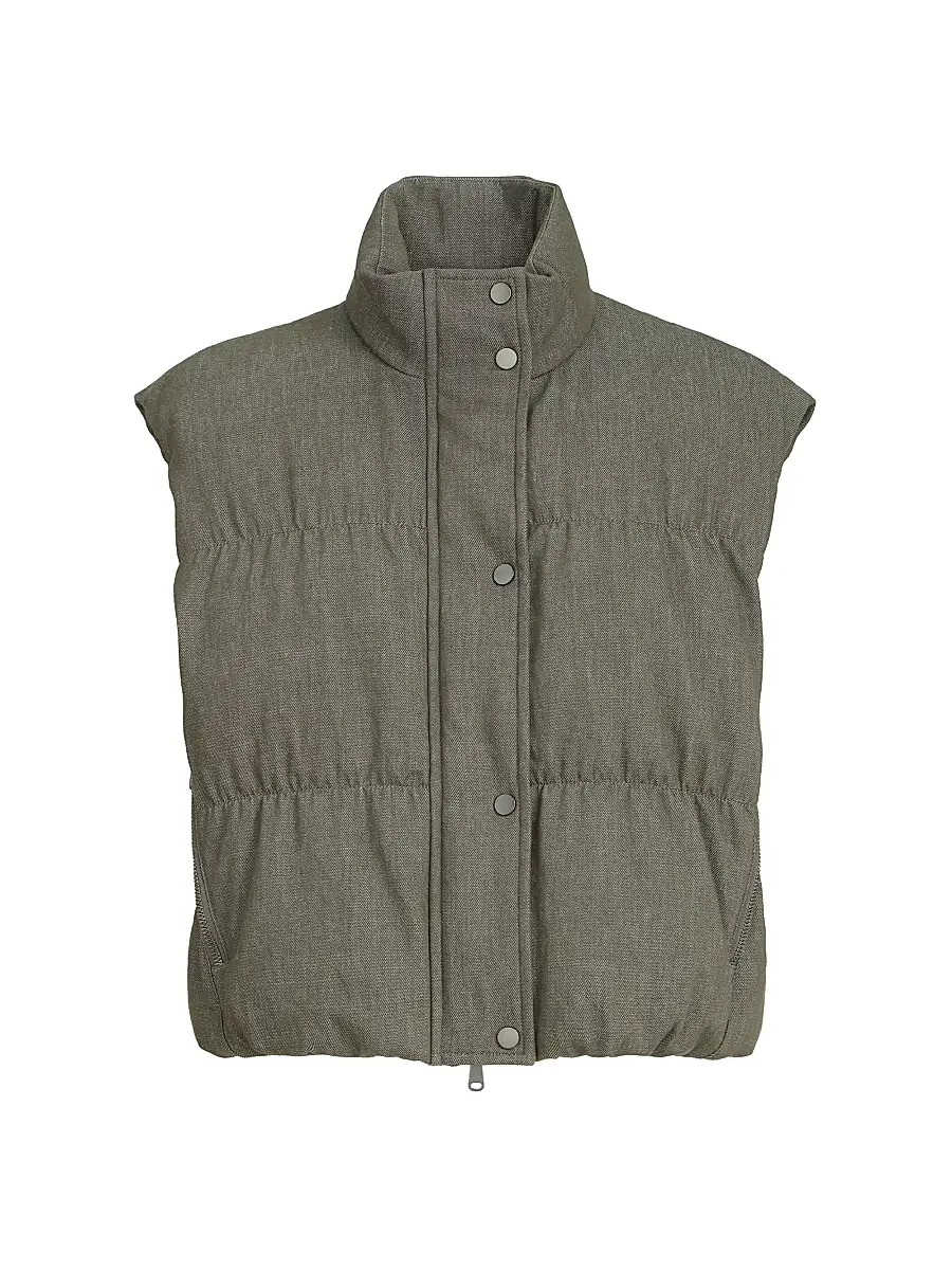 Brunello Cucinelli Women's Cotton Denim Effect Twill Down Vest with Monili - Olive | Image 1 Brunello Cucinelli Women's Cotton Denim Effect Twill Down Vest with Monili - Olive | Image 1