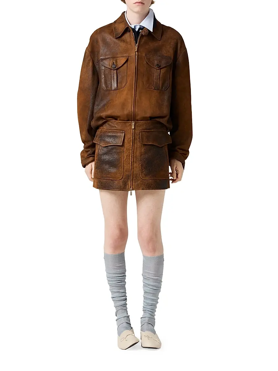 Miu Miu Women's Waxed Suede Leather Jacket | Thumbnail 6 Miu Miu Women's Waxed Suede Leather Jacket | Thumbnail 6