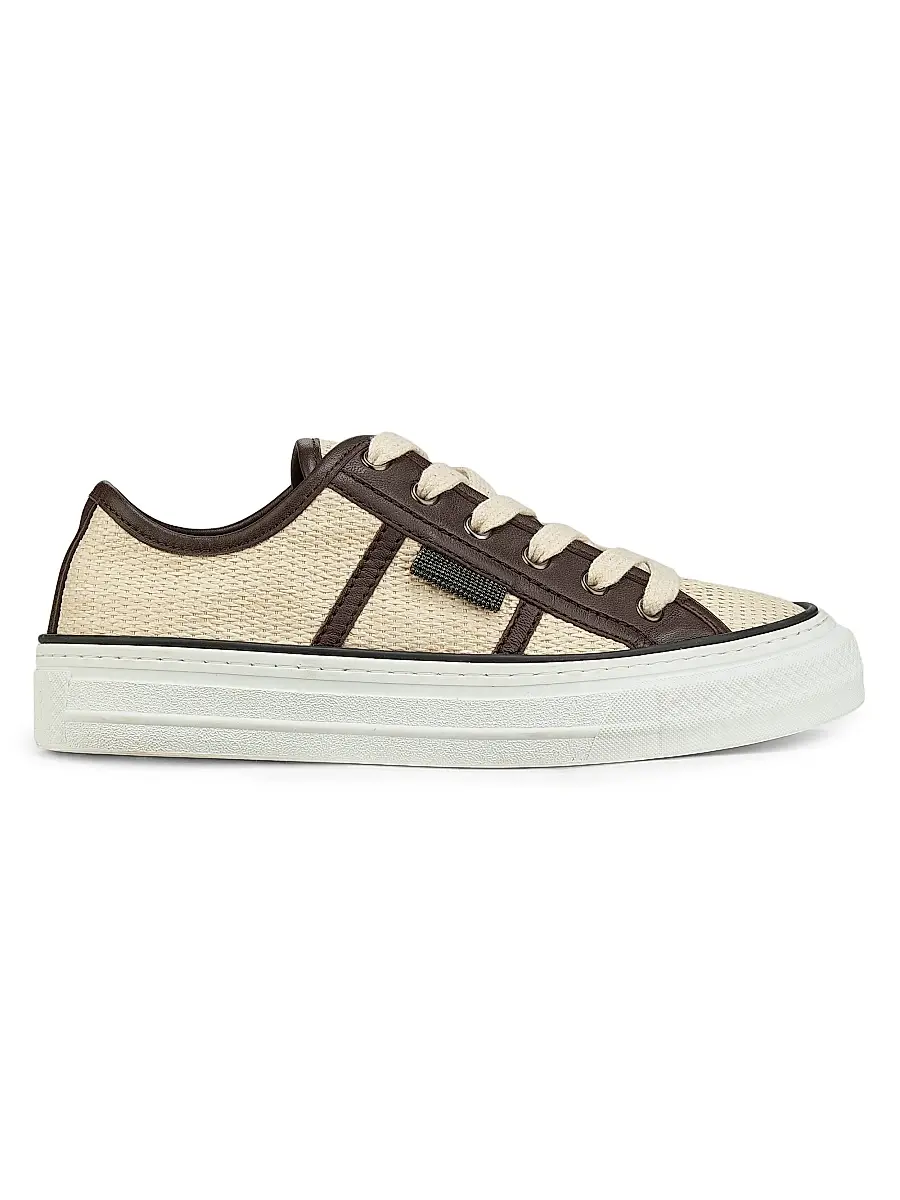 Brunello Cucinelli Women's Micro Leather-Trim Raffia Low-Top Sneakers