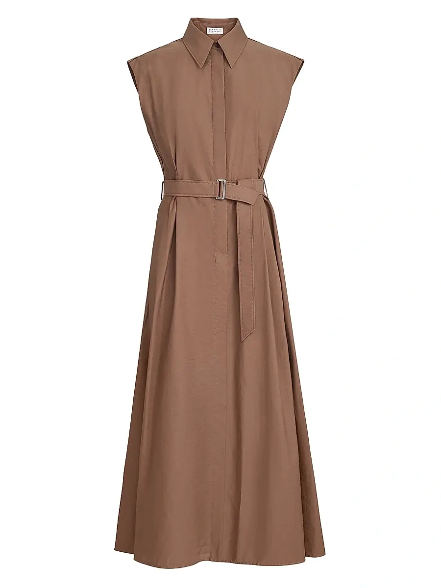 Brunello Cucinelli Women's Techno Cotton Texture Twill Belted Shirt Dress with Monili - Brown | Image 1 Brunello Cucinelli Women's Techno Cotton Texture Twill Belted Shirt Dress with Monili - Brown | Image 1