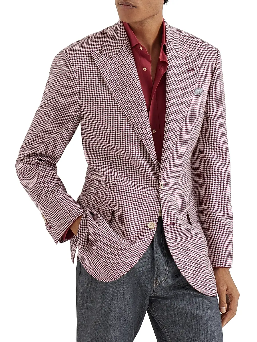 Brunello Cucinelli Men's Virgin Wool, Silk and Linen Houndstooth Tailor Blazer - Cherry - Size 40 | Image 1 Brunello Cucinelli Men's Virgin Wool, Silk and Linen Houndstooth Tailor Blazer - Cherry - Size 40 | Image 1