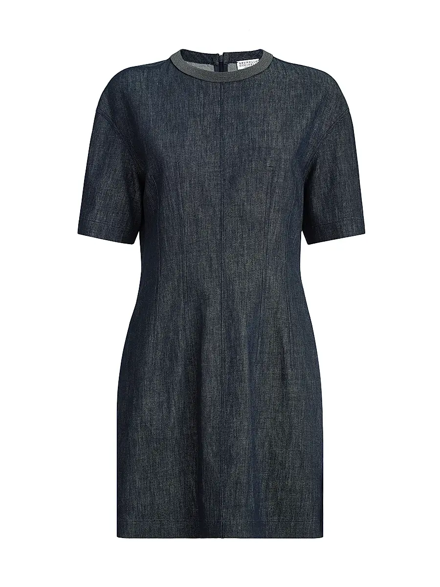 Brunello Cucinelli Women's Cotton Denim Effect Twill T-Shirt Dress with Precious Collar - Denim | Image 1 Brunello Cucinelli Women's Cotton Denim Effect Twill T-Shirt Dress with Precious Collar - Denim | Image 1