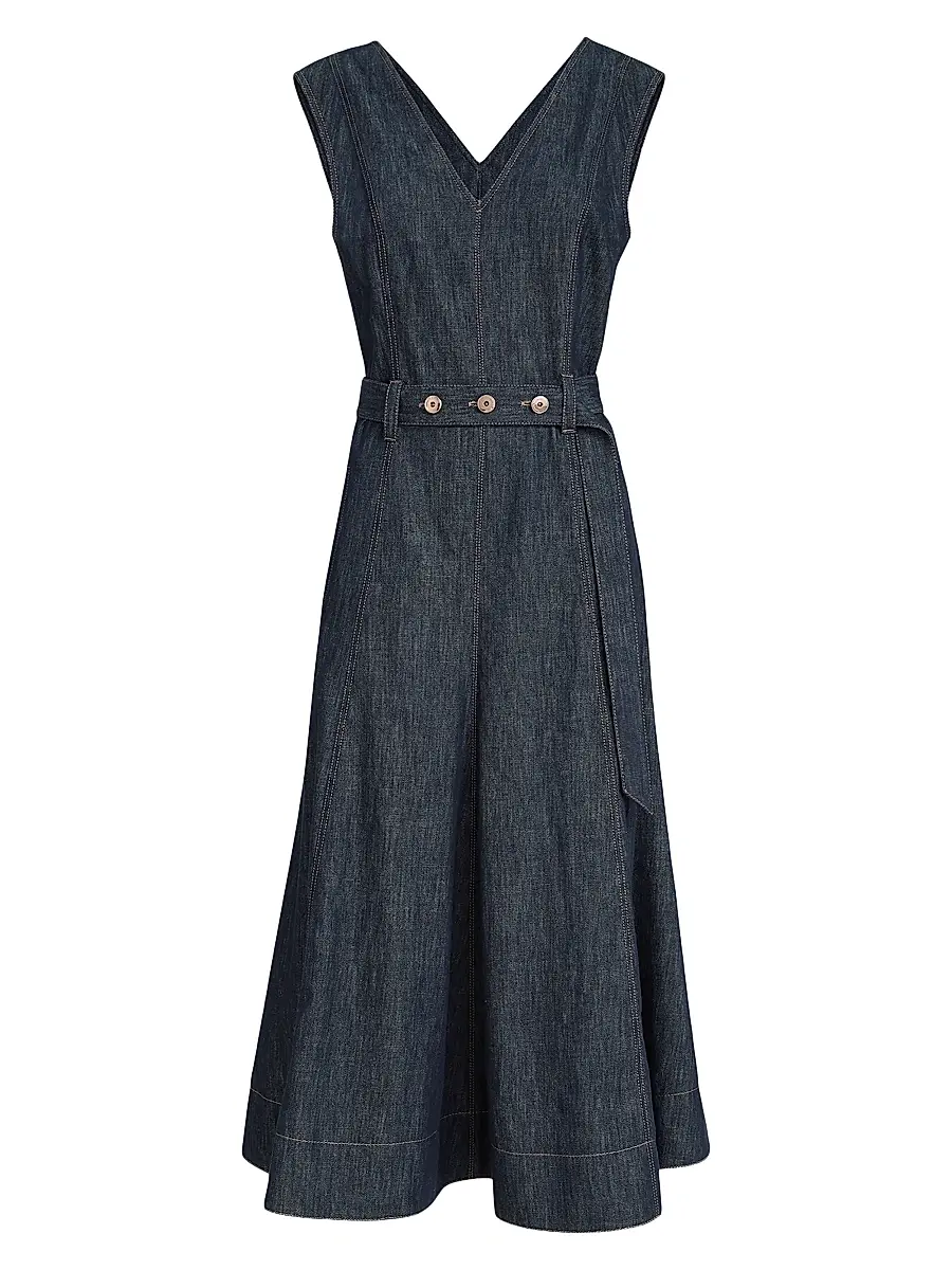 Brunello Cucinelli Women's Cotton Denim Effect Twill Flared Dress with Belt and Monili - Denim - Size XXXL | Image 1 Brunello Cucinelli Women's Cotton Denim Effect Twill Flared Dress with Belt and Monili - Denim - Size XXXL | Image 1