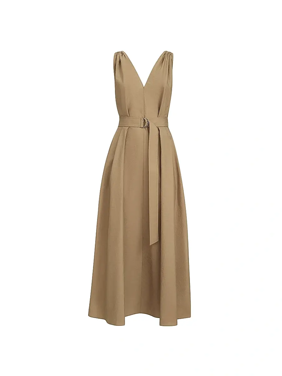 Brunello Cucinelli Women's Techno Cotton Poplin Belted Dress with Precious Shoulder Detail - Sand | Image 1 Brunello Cucinelli Women's Techno Cotton Poplin Belted Dress with Precious Shoulder Detail - Sand | Image 1