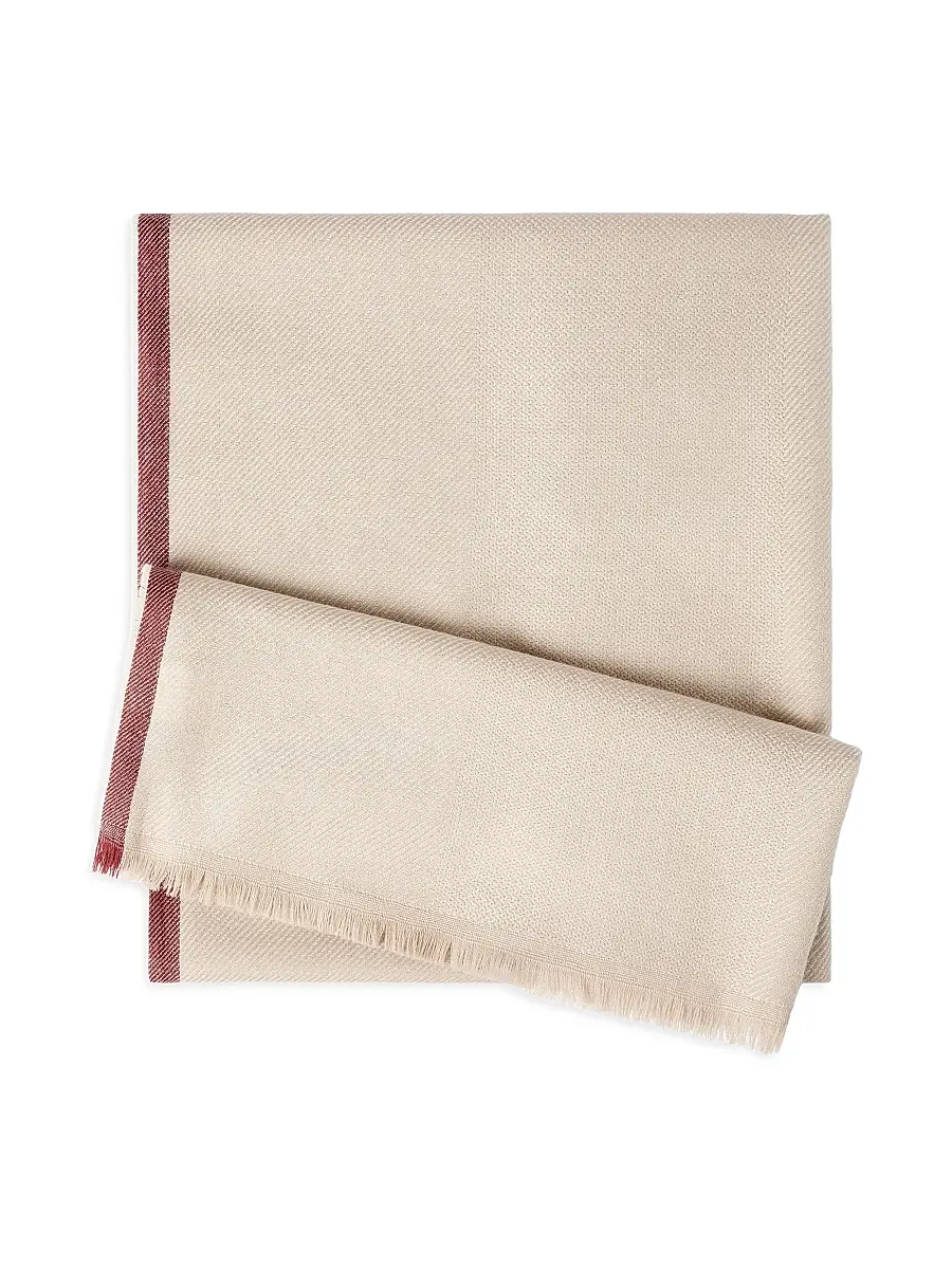 Brunello Cucinelli Men's Wool and Cashmere Diagonal Scarf with Striped Edge - Sand | Image 1 Brunello Cucinelli Men's Wool and Cashmere Diagonal Scarf with Striped Edge - Sand | Image 1