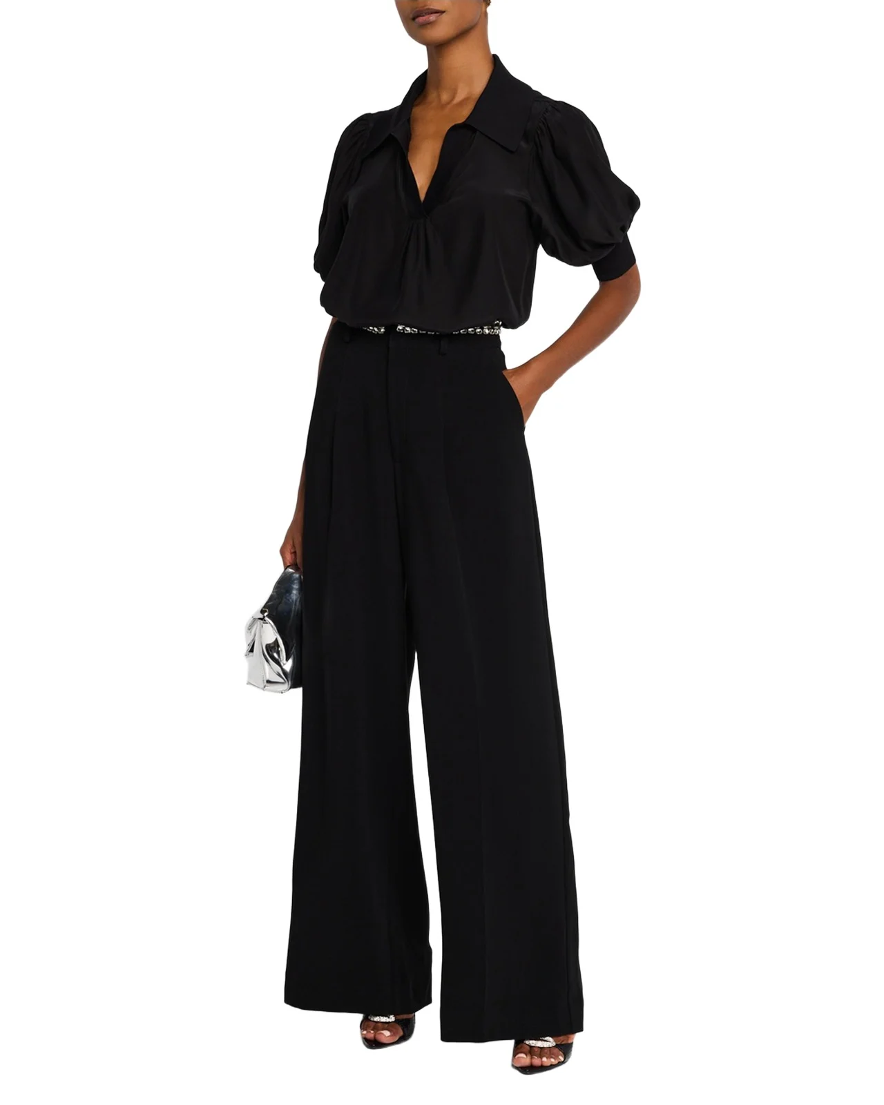 Weldon Collared V-Neck Short-Sleeve Silk Combo Top
