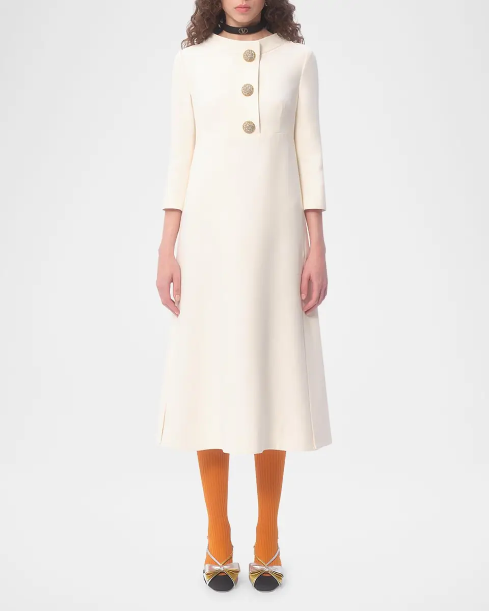 Valentino Garavani Quarter-Sleeve Brooch Wool Midi Dress | Thumbnail 2 Valentino Garavani Quarter-Sleeve Brooch Wool Midi Dress | Thumbnail 2
