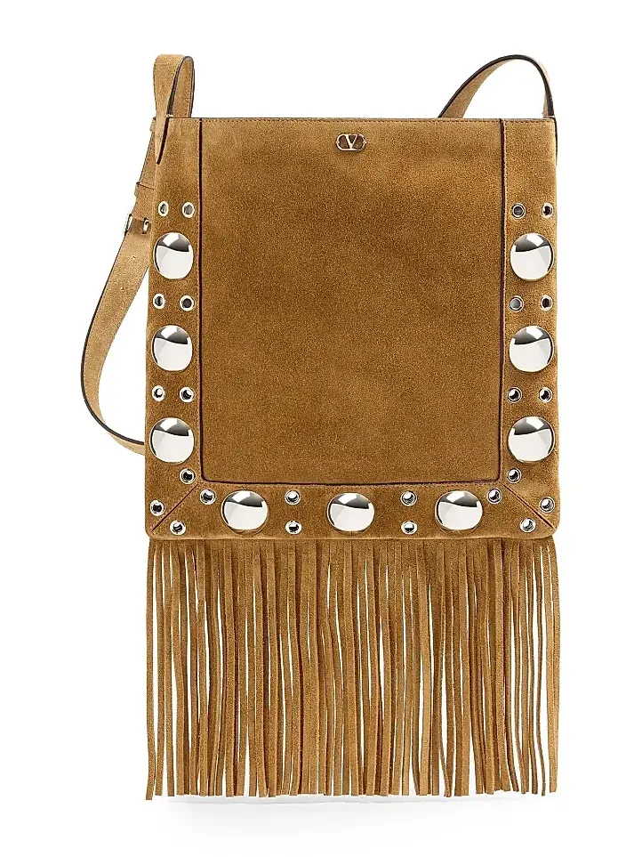 Valentino Men's Nellcôte Suede Shoulder Bag with Fringes - Havana Beige