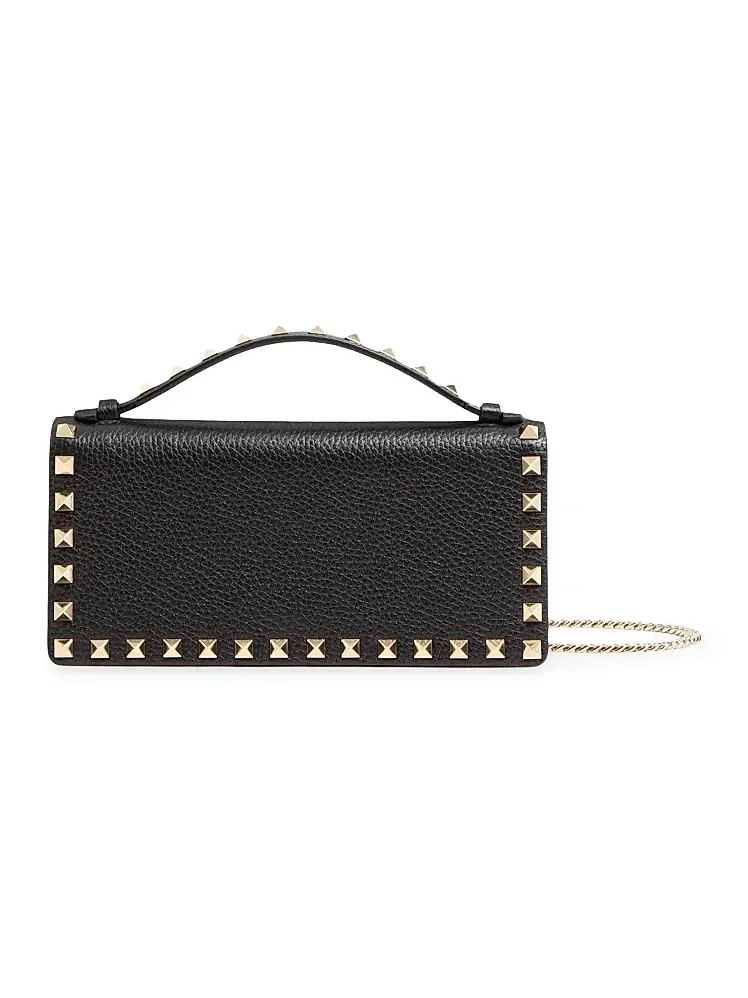 Women's Rockstud Wallet with Chain in Grainy Calfskin - Black
