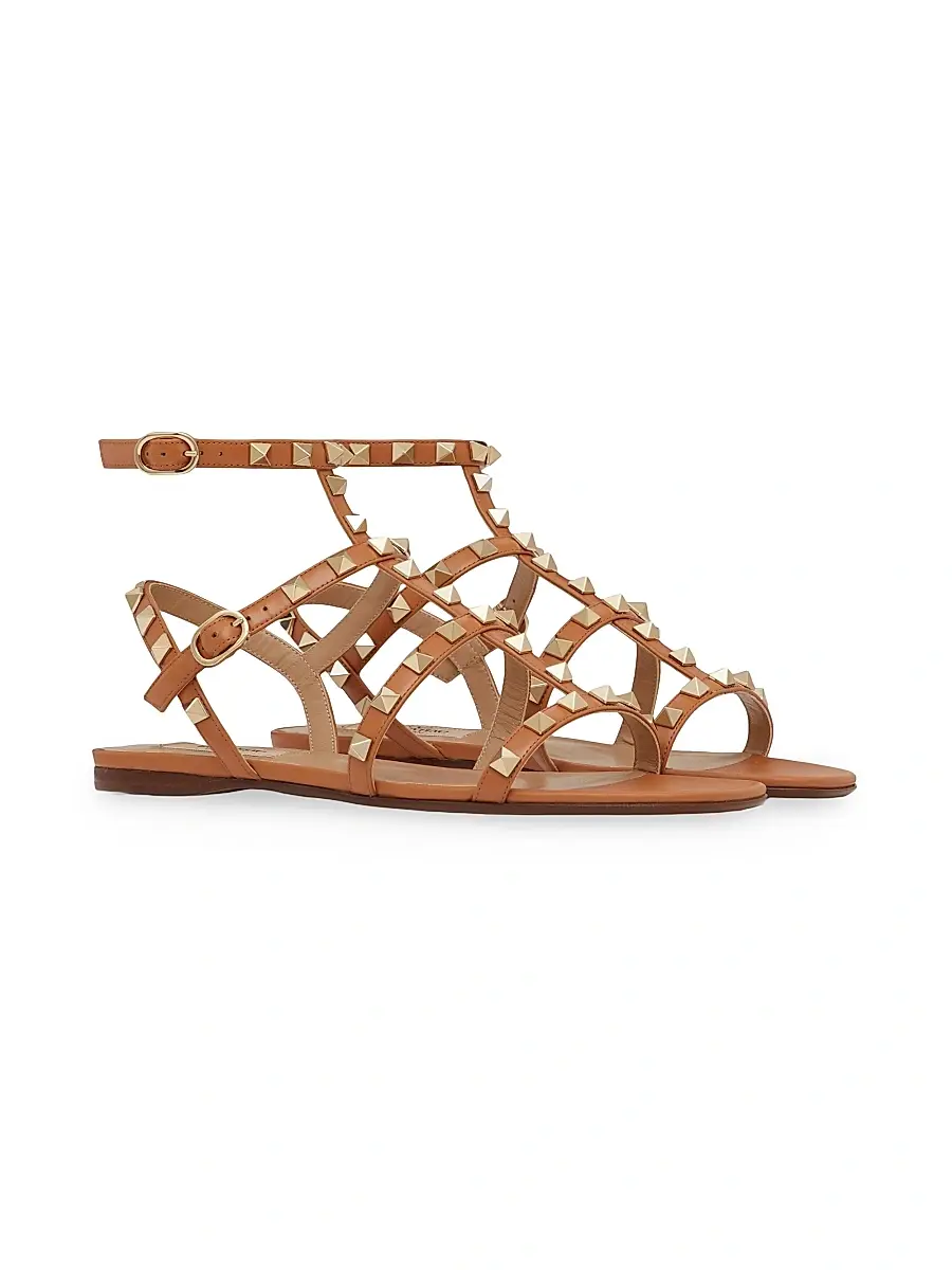 Valentino Women's Rockstud Flat Calfskin Sandals with Straps - Almond | Thumbnail 2
