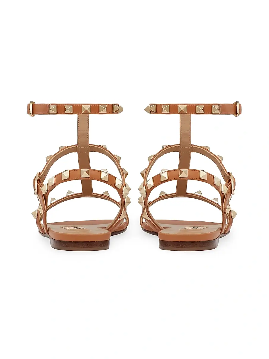 Valentino Women's Rockstud Flat Calfskin Sandals with Straps - Almond | Thumbnail 3