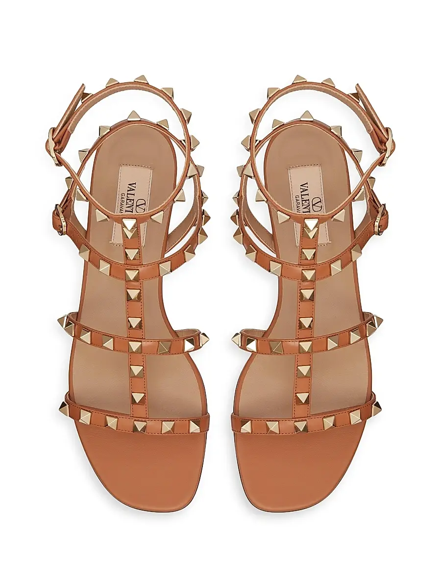 Valentino Women's Rockstud Flat Calfskin Sandals with Straps - Almond | Thumbnail 4