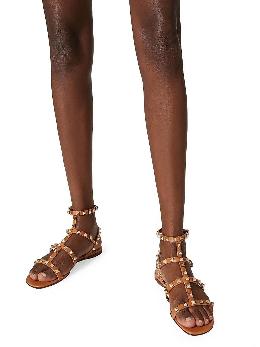 Valentino Women's Rockstud Flat Calfskin Sandals with Straps - Almond | Thumbnail 6