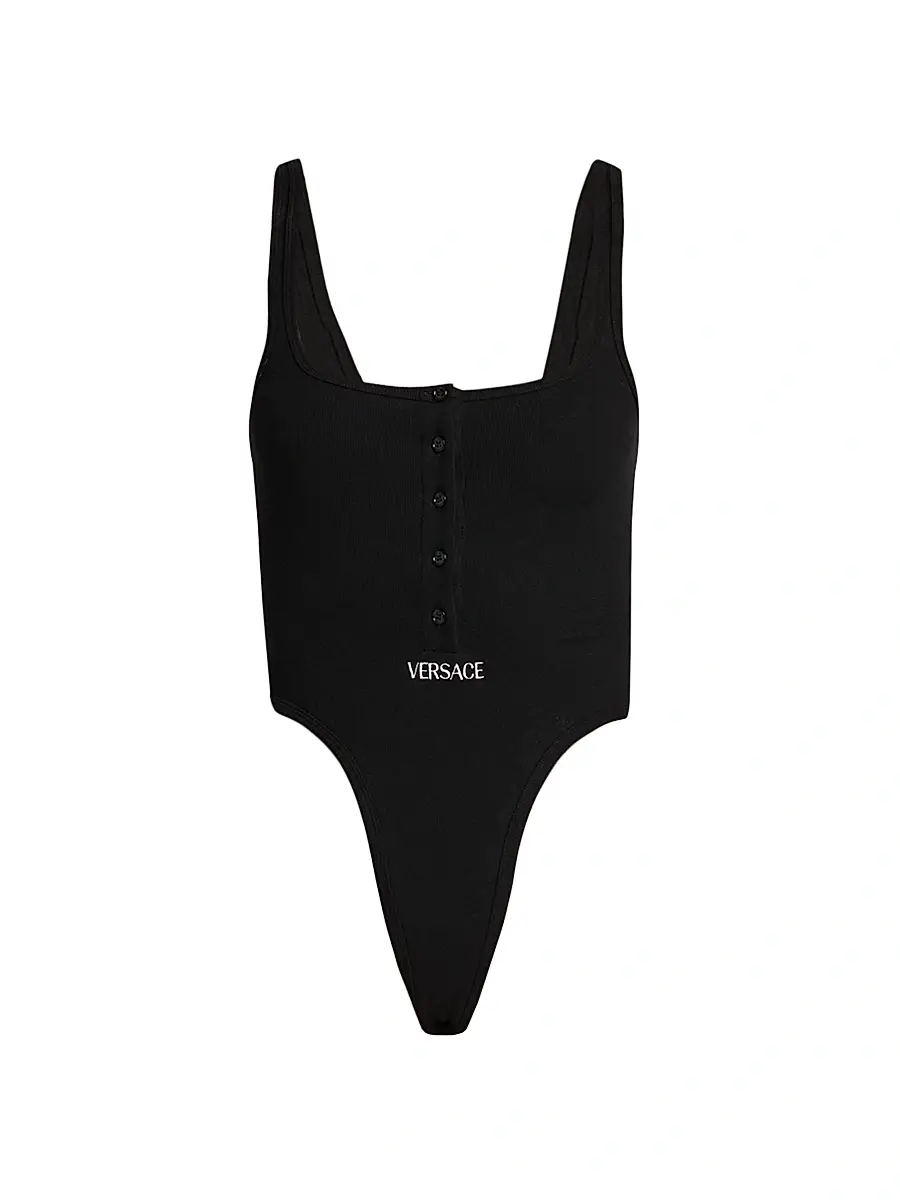 Versace Women's Logo-Embroidered Ribbed Tank Bodysuit - Black | Image 1 Versace Women's Logo-Embroidered Ribbed Tank Bodysuit - Black | Image 1