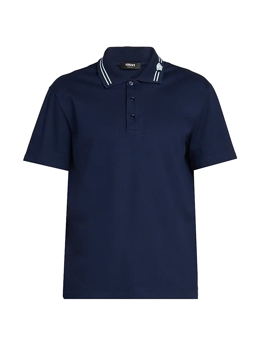 Versace Men's Medusa Embroidered Pique Polo Shirt - Navy Blue | Image 1 Versace Men's Medusa Embroidered Pique Polo Shirt - Navy Blue | Image 1
