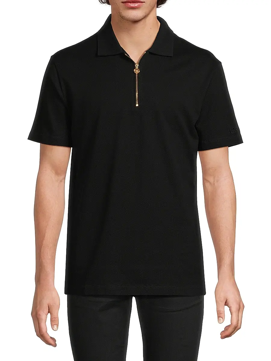 Versace Men's Embroidered Quarter-Zip Polo Shirt | Thumbnail 3 Versace Men's Embroidered Quarter-Zip Polo Shirt | Thumbnail 3