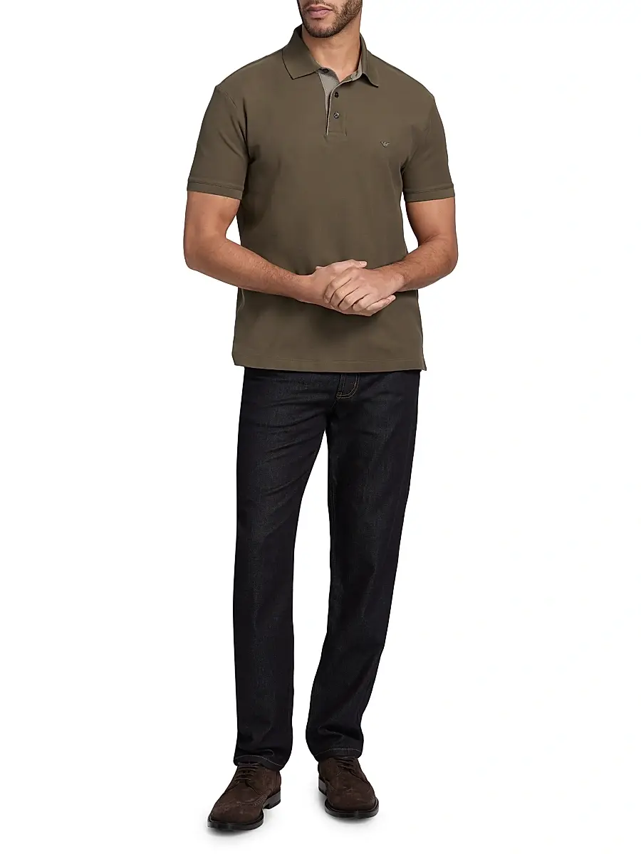 Emporio Armani Men's Rib-Knit Trim Cotton Polo Shirt - Mud | Thumbnail 2