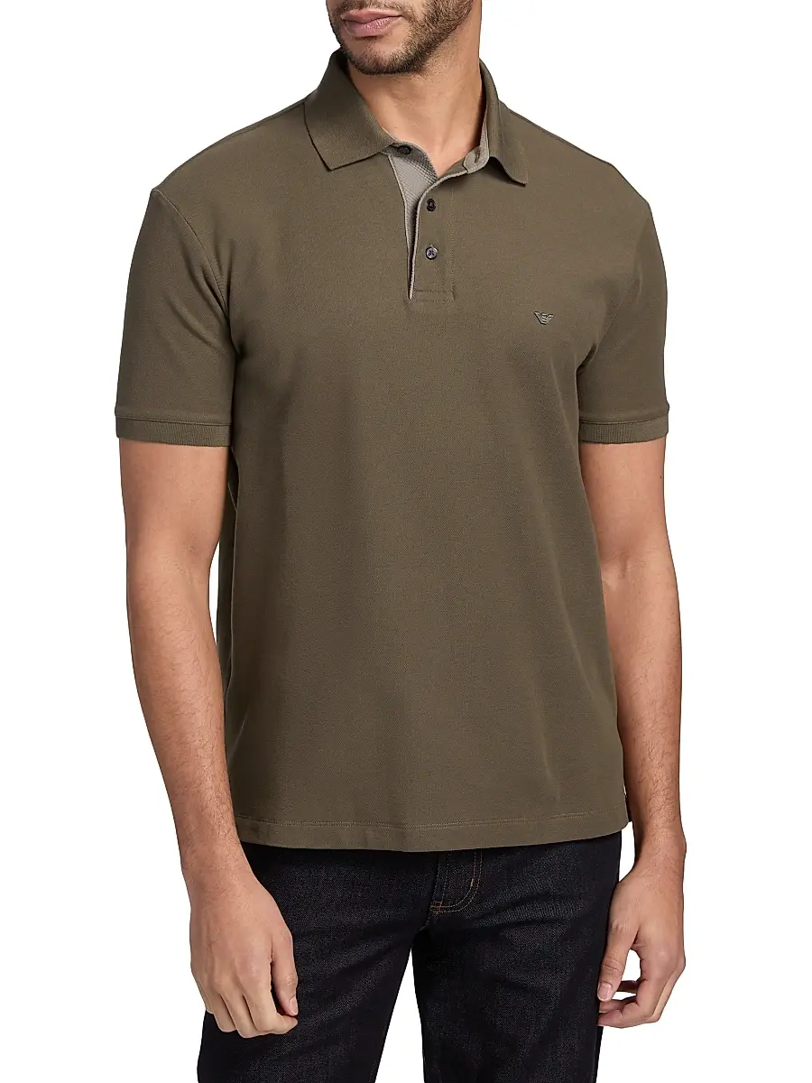 Emporio Armani Men's Rib-Knit Trim Cotton Polo Shirt - Mud | Thumbnail 3