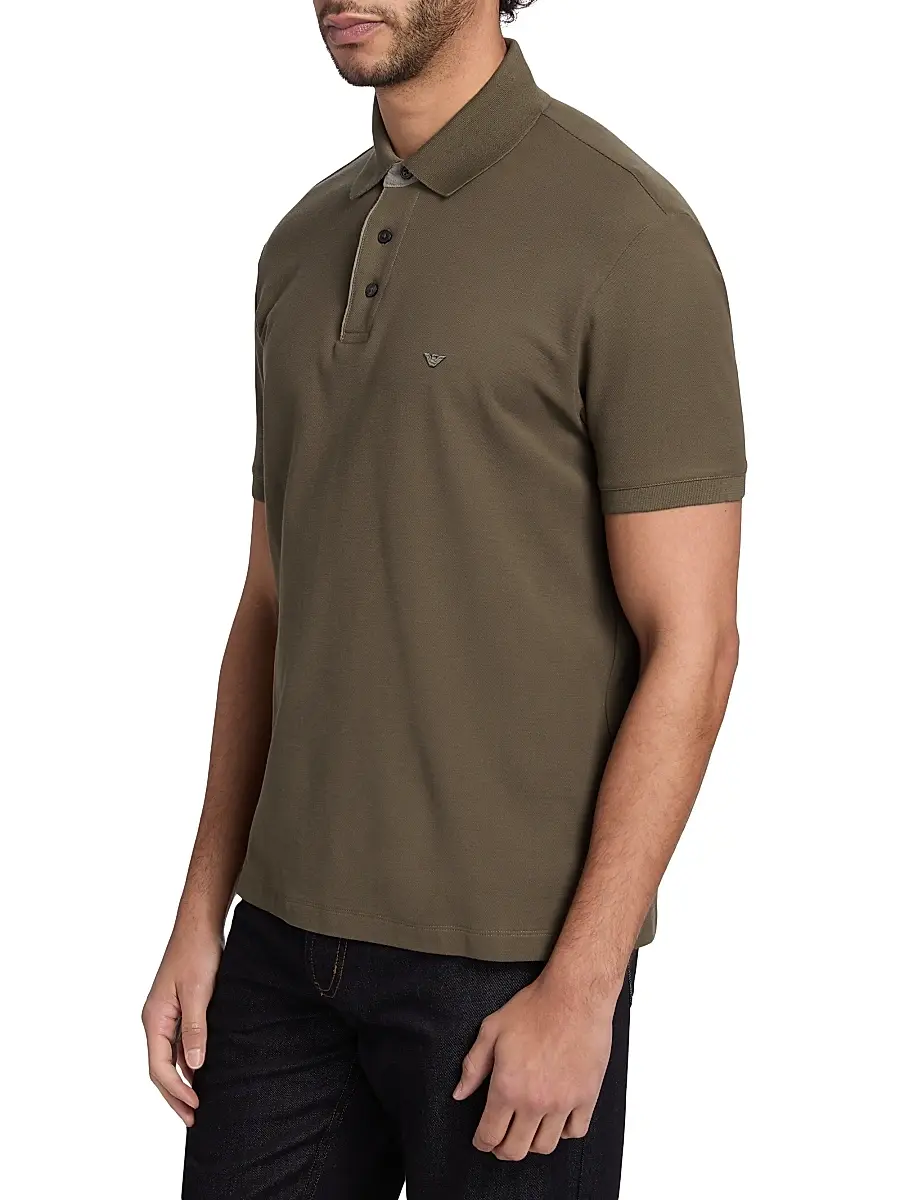 Emporio Armani Men's Rib-Knit Trim Cotton Polo Shirt - Mud | Thumbnail 4