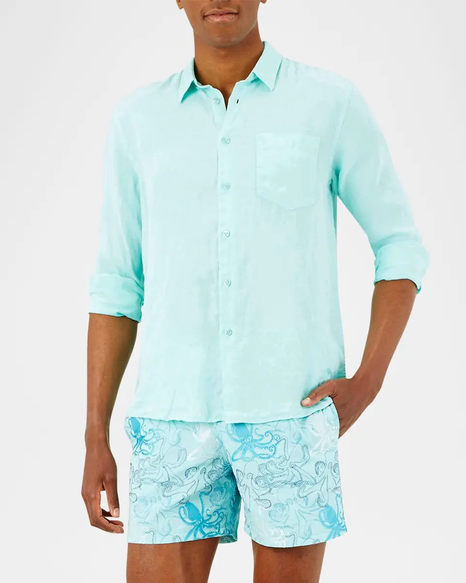 Vilebrequin Men's Caroubis Solid Linen Sport Shirt | Thumbnail 3 Vilebrequin Men's Caroubis Solid Linen Sport Shirt | Thumbnail 3