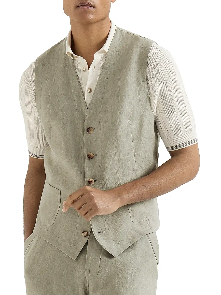 Brunello Cucinelli Men's Linen Micro Chevron Waistcoat | Thumbnail 2