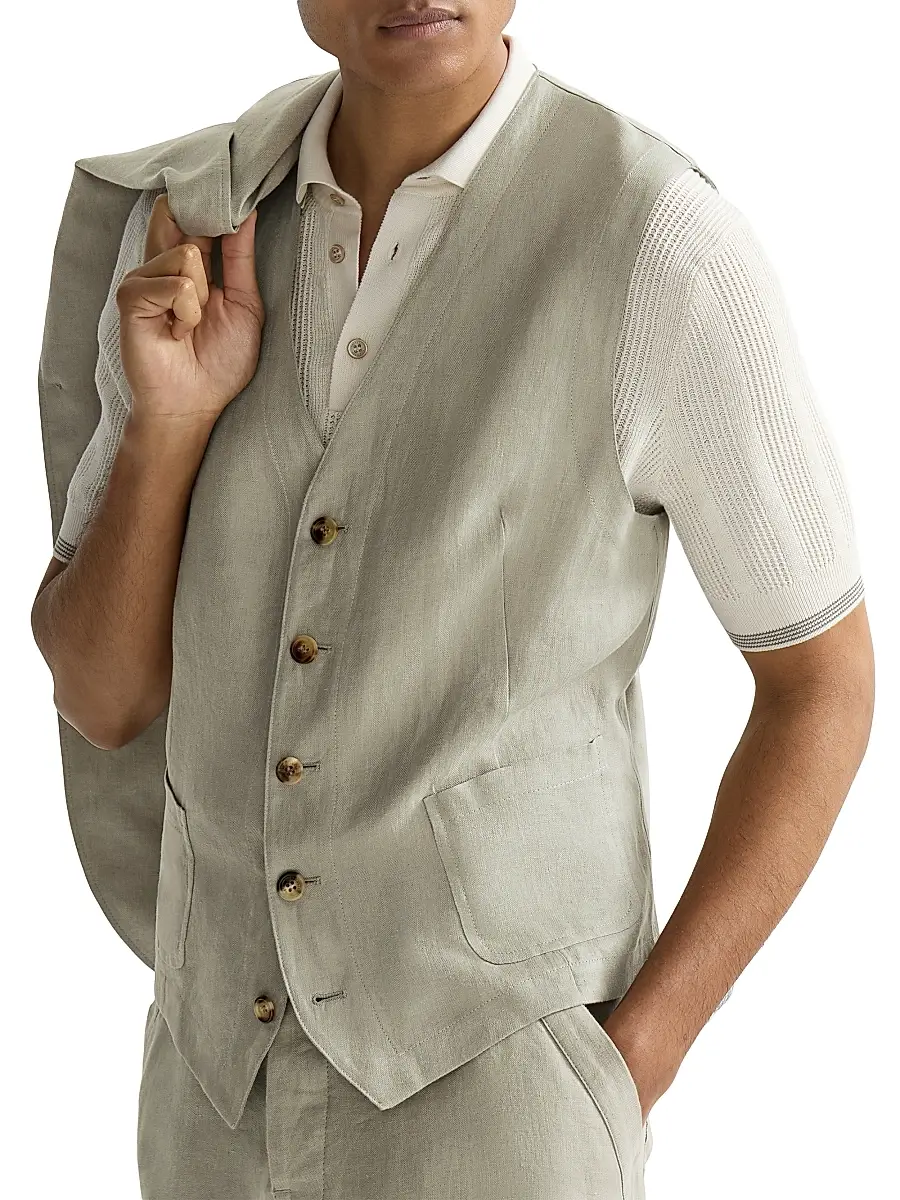 Brunello Cucinelli Men's Linen Micro Chevron Waistcoat | Thumbnail 3