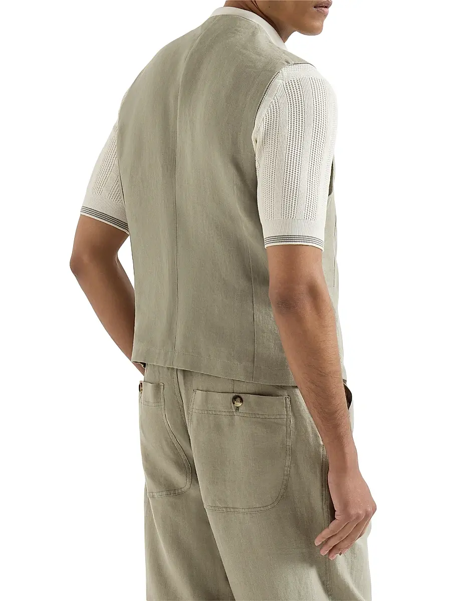Brunello Cucinelli Men's Linen Micro Chevron Waistcoat | Thumbnail 4