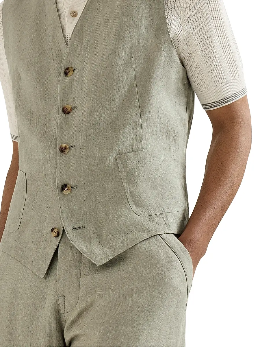 Brunello Cucinelli Men's Linen Micro Chevron Waistcoat | Thumbnail 5