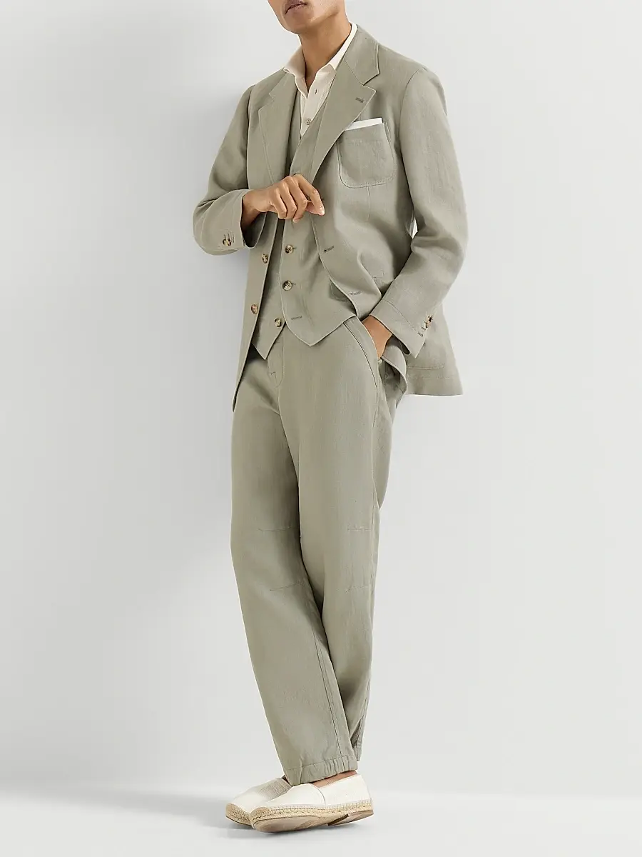 Brunello Cucinelli Men's Linen Micro Chevron Waistcoat | Thumbnail 6