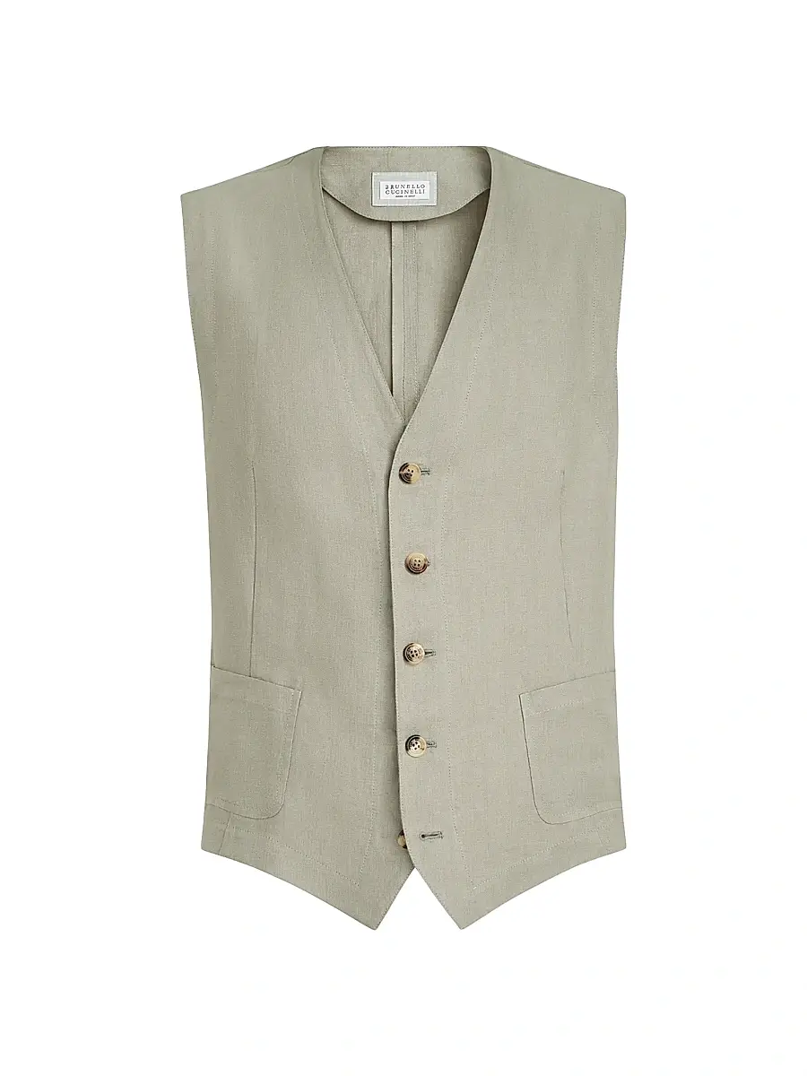 Brunello Cucinelli Men's Linen Micro Chevron Waistcoat