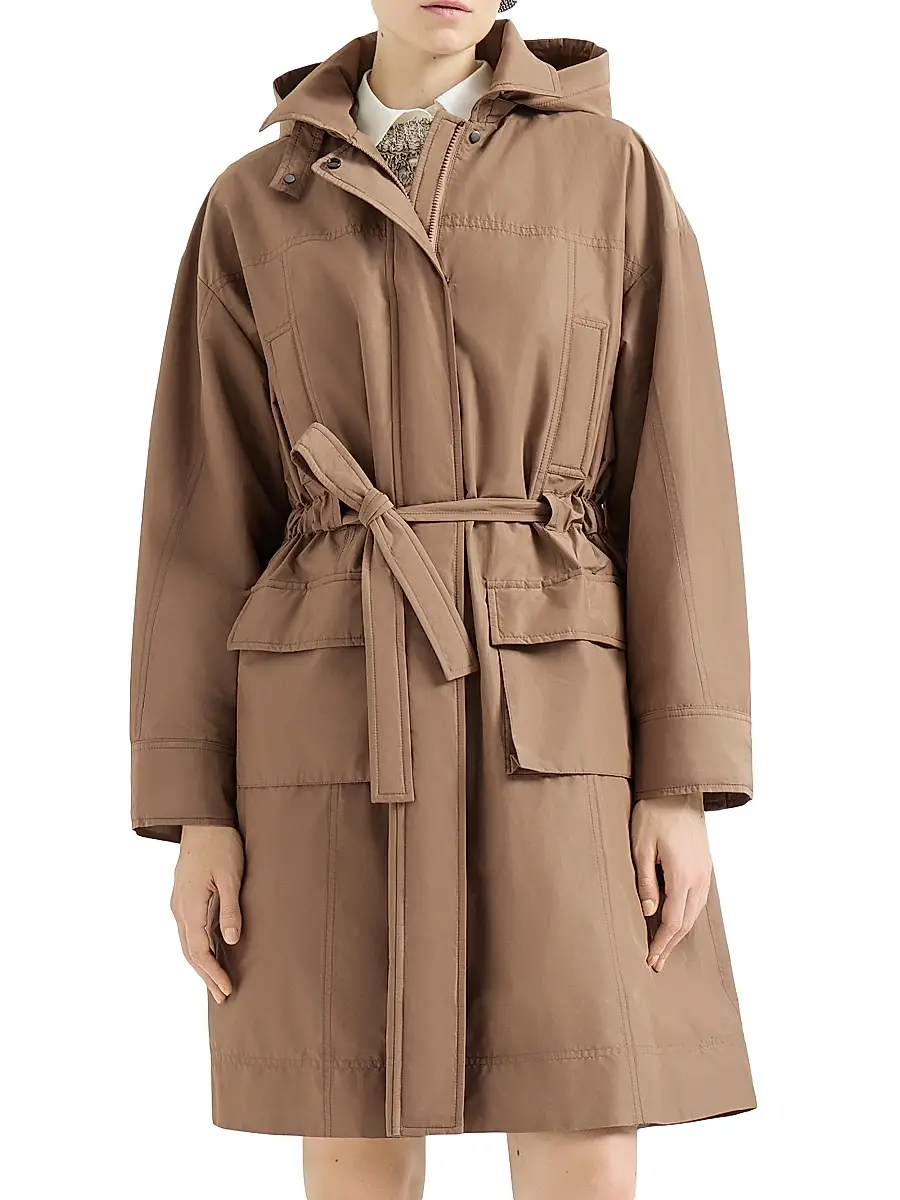 Brunello Cucinelli Women's Techno Cotton Taffeta Coat with Detachable Hood - Camel | Thumbnail 2 Brunello Cucinelli Women's Techno Cotton Taffeta Coat with Detachable Hood - Camel | Thumbnail 2