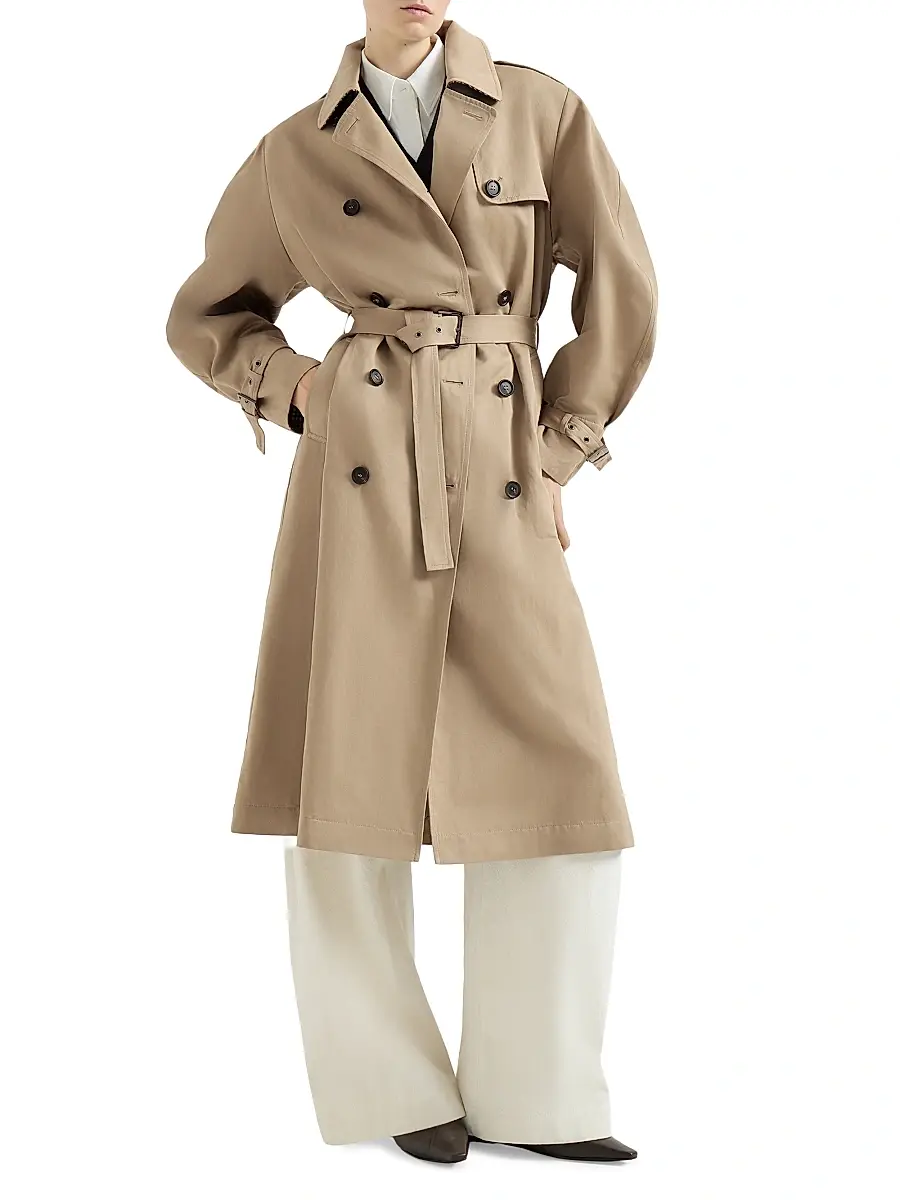 Brunello Cucinelli Women's Cotton and Linen Twill Trench Coat with Monili - Camel | Thumbnail 2 Brunello Cucinelli Women's Cotton and Linen Twill Trench Coat with Monili - Camel | Thumbnail 2