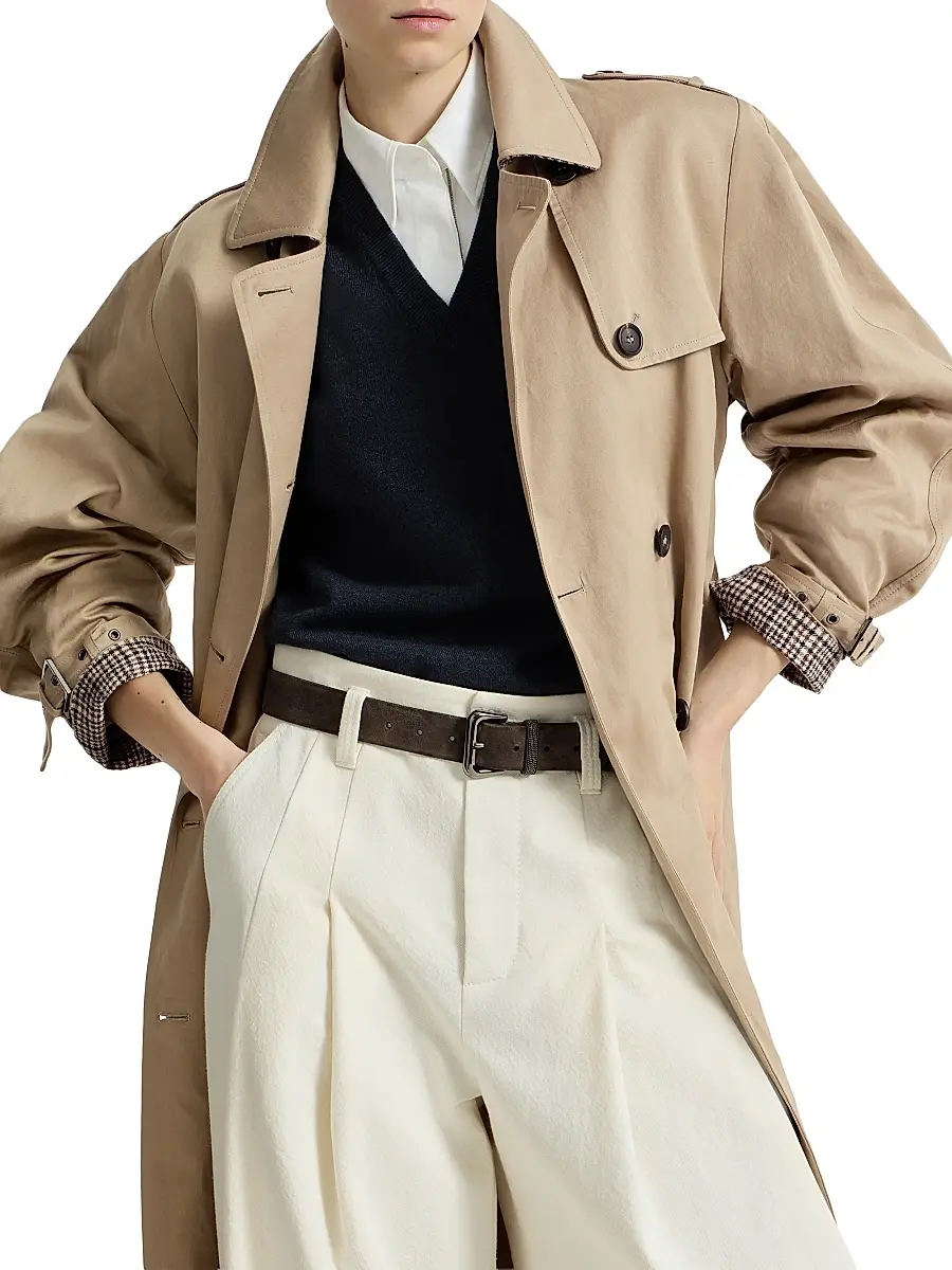 Brunello Cucinelli Women's Cotton and Linen Twill Trench Coat with Monili - Camel | Thumbnail 4 Brunello Cucinelli Women's Cotton and Linen Twill Trench Coat with Monili - Camel | Thumbnail 4