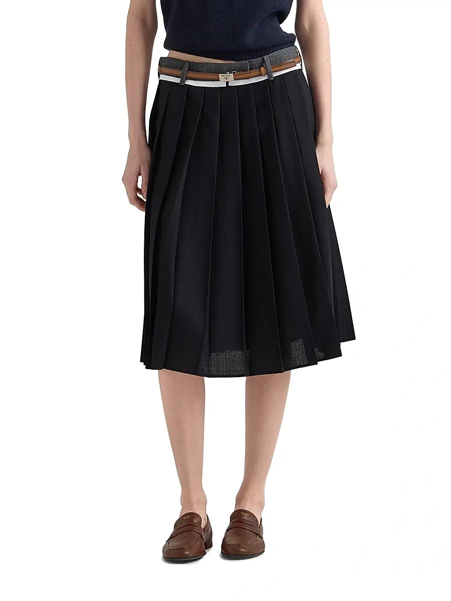 Prada Women's Pleated Rush Stitch Midi Skirt | Thumbnail 2