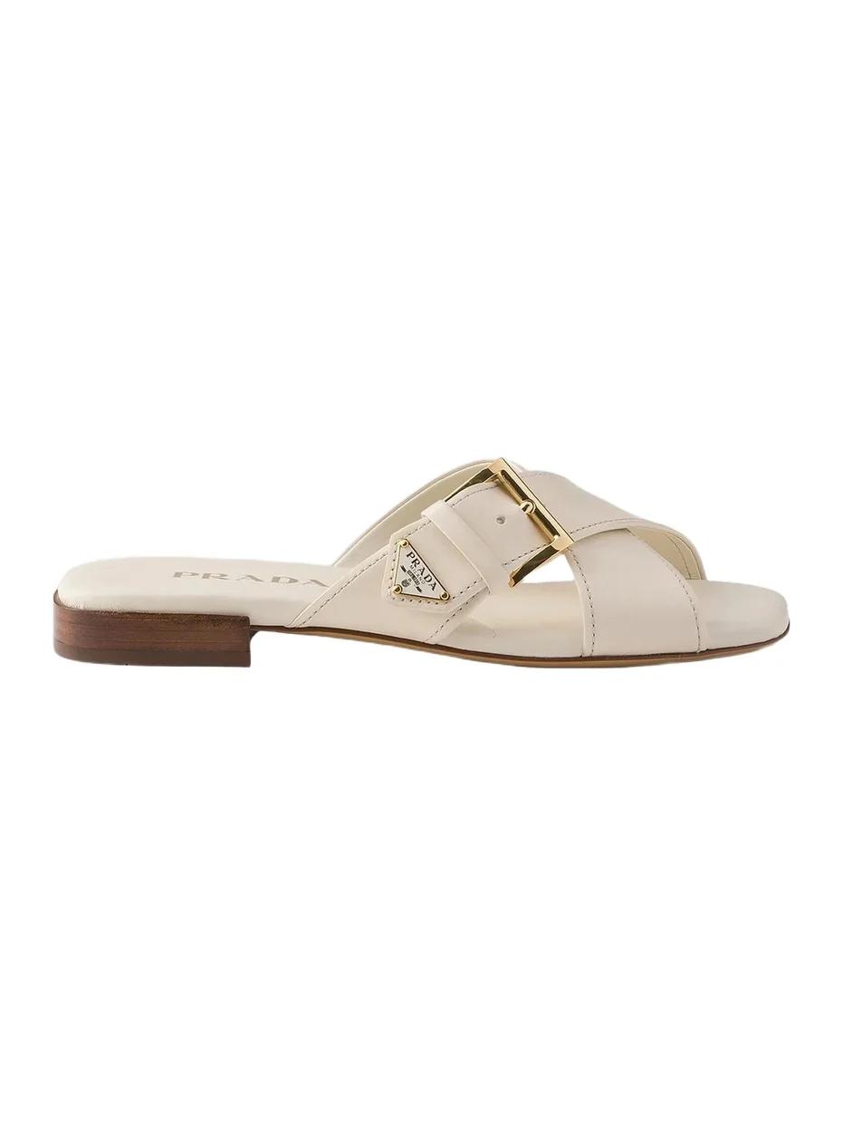 Prada Women's Leather Crisscross Slides with Buckle - Beige Khaki