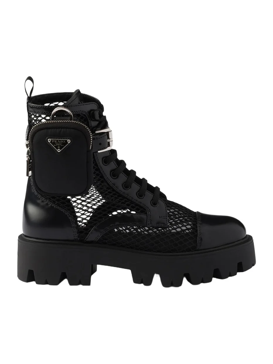 Prada Women's Mesh Fabric and Brushed Leather Booties with Pouch - Black
