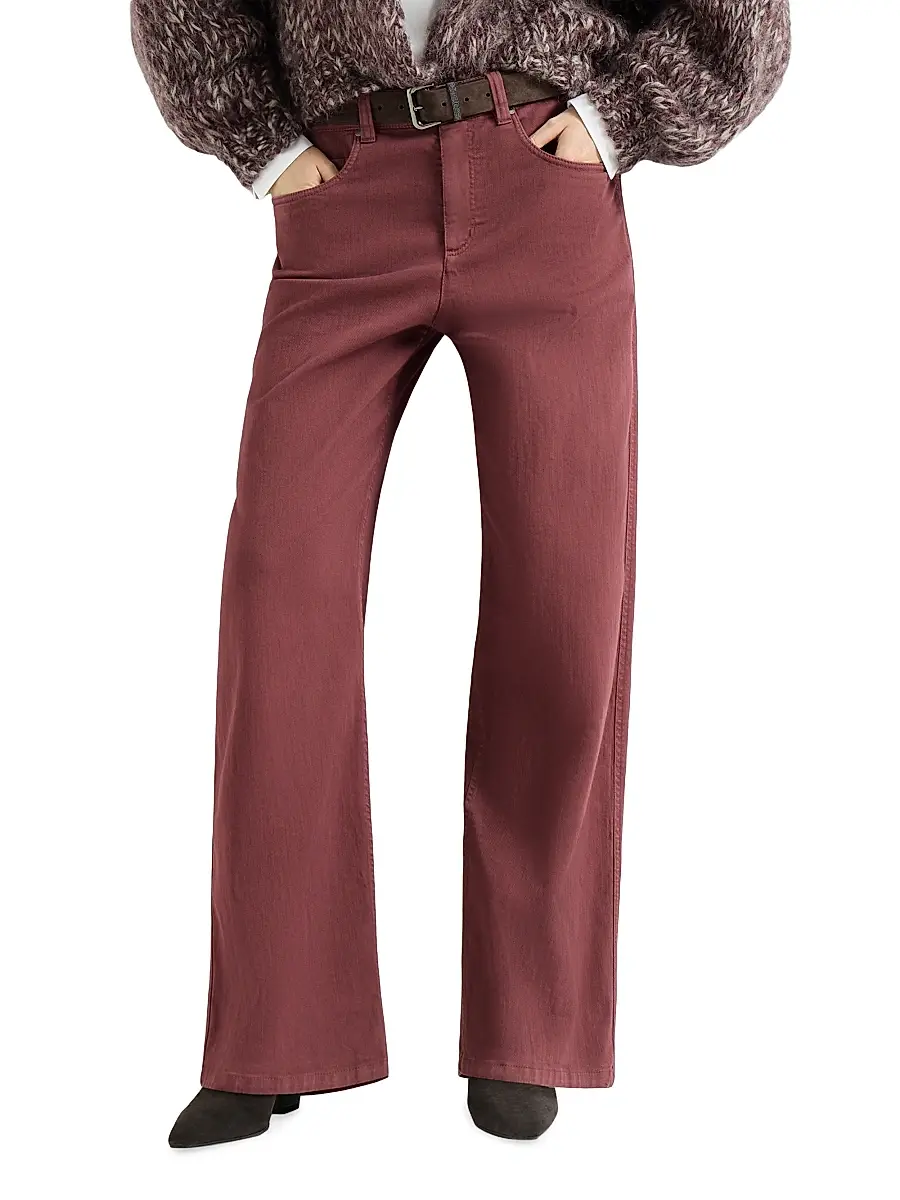 Brunello Cucinelli Women's Stretch Dyed Denim Loose Barrel Jeans with Monili - Wine | Thumbnail 2 Brunello Cucinelli Women's Stretch Dyed Denim Loose Barrel Jeans with Monili - Wine | Thumbnail 2