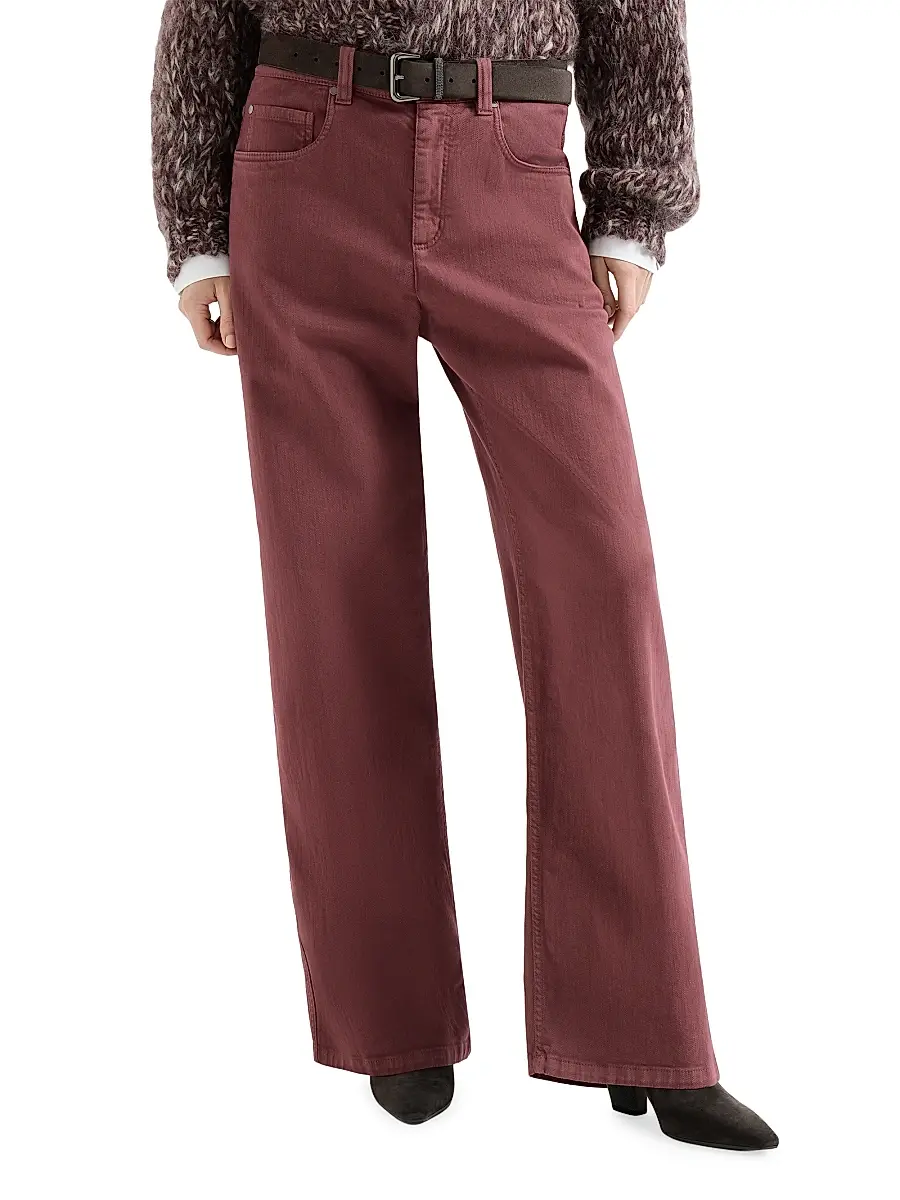 Brunello Cucinelli Women's Stretch Dyed Denim Loose Barrel Jeans with Monili - Wine | Thumbnail 3 Brunello Cucinelli Women's Stretch Dyed Denim Loose Barrel Jeans with Monili - Wine | Thumbnail 3
