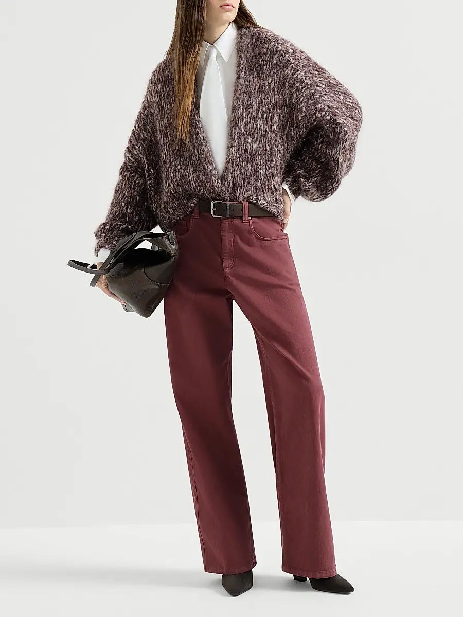 Brunello Cucinelli Women's Stretch Dyed Denim Loose Barrel Jeans with Monili - Wine | Thumbnail 6 Brunello Cucinelli Women's Stretch Dyed Denim Loose Barrel Jeans with Monili - Wine | Thumbnail 6
