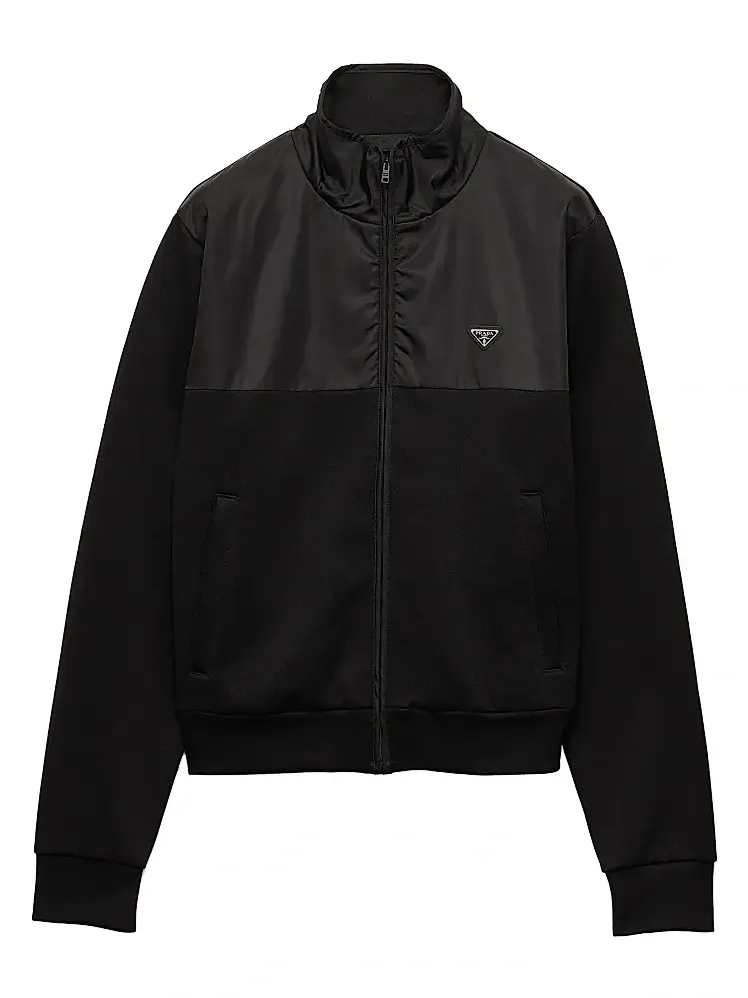 Men's Cotton Fleece Zipper Jacket with Re-Nylon Details - Black Men's Cotton Fleece Zipper Jacket with Re-Nylon Details - Black