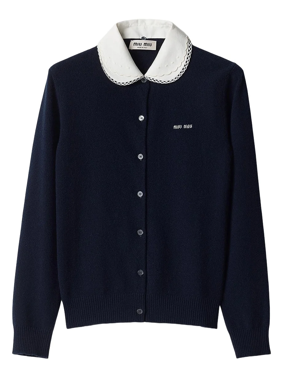 Miu Miu Women's Cashmere Cardigan with Embroidered Poplin Collar