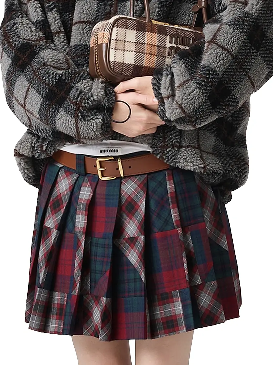 Miu Miu Women's Pleated Plaid Patchwork Miniskirt | Thumbnail 2