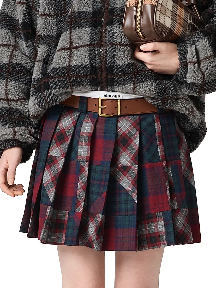 Miu Miu Women's Pleated Plaid Patchwork Miniskirt | Thumbnail 4
