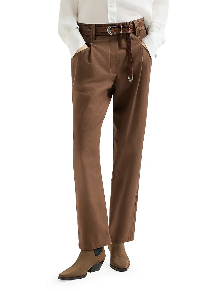 Brunello Cucinelli Women's Stretch Cotton Cover Baggy Pull-On Trousers with Shiny Bartack - Cigar | Thumbnail 2