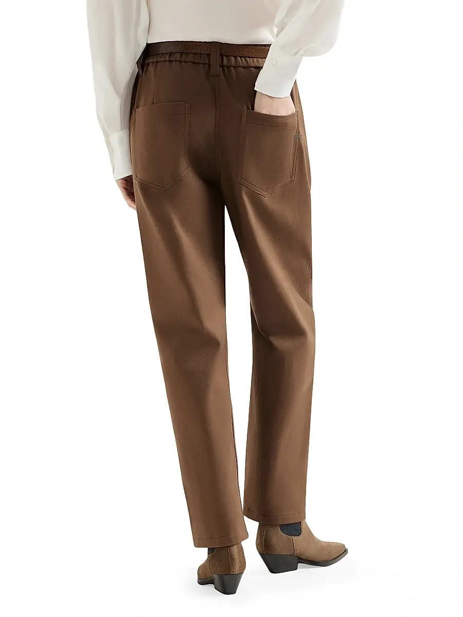 Brunello Cucinelli Women's Stretch Cotton Cover Baggy Pull-On Trousers with Shiny Bartack - Cigar | Thumbnail 3