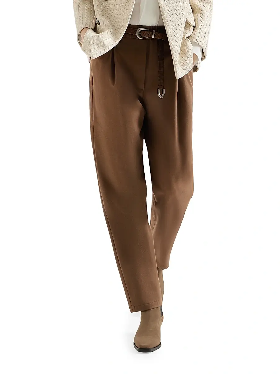 Brunello Cucinelli Women's Stretch Cotton Cover Baggy Pull-On Trousers with Shiny Bartack - Cigar | Thumbnail 4