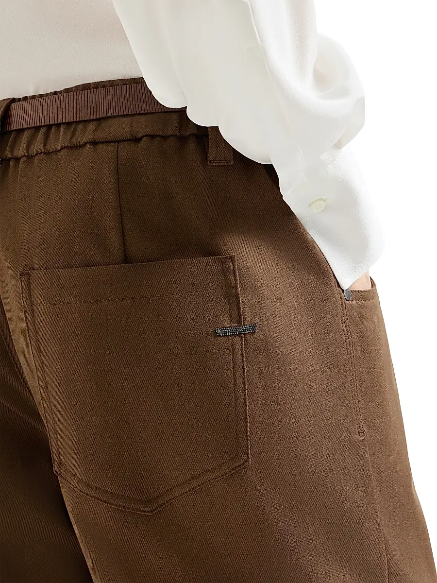 Brunello Cucinelli Women's Stretch Cotton Cover Baggy Pull-On Trousers with Shiny Bartack - Cigar | Thumbnail 5