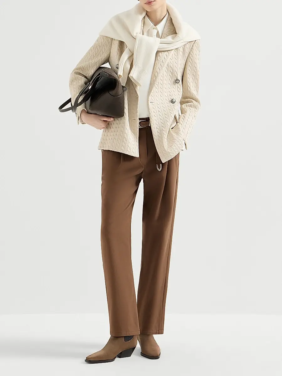 Brunello Cucinelli Women's Stretch Cotton Cover Baggy Pull-On Trousers with Shiny Bartack - Cigar | Thumbnail 6